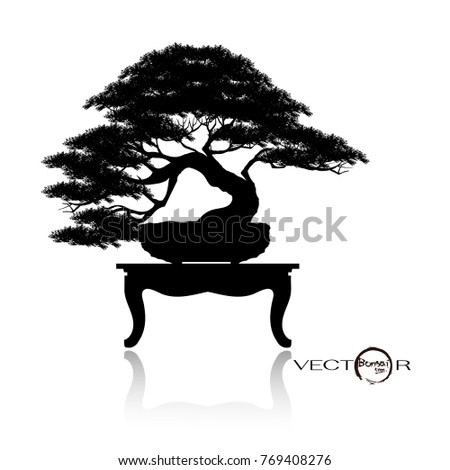 Bonsai tree. Black silhouette of bonsai, japanese hawthorn bonsai in bloom, Vector illustration  