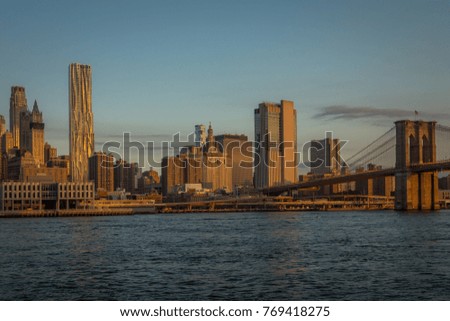 Exposure of New York skyline view from Brooklyn Bridge Park Greenway.