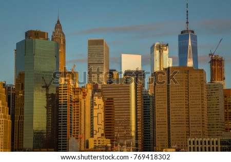 Exposure of New York skyline view from Brooklyn Bridge Park Greenway.