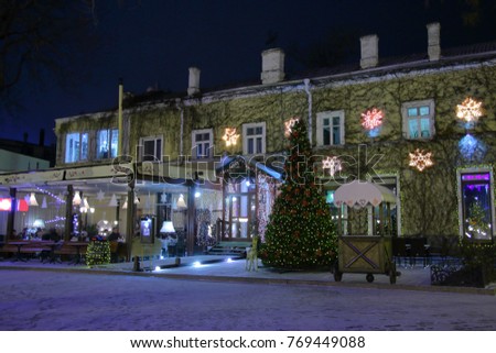 The picture was taken in the city of Odessa, in the city garden. On the photo there is a decorated facade of the cafe on Christmas Eve.