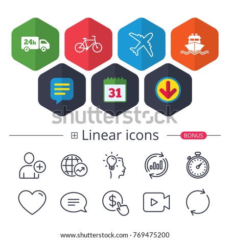 Calendar, Speech bubble and Download signs. Cargo truck and shipping icons. Shipping and eco bicycle delivery signs. Transport symbols. 24h service. Chat, Report graph line icons. More linear signs