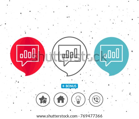 Speech bubbles with symbol. Chart line icon. Report graph or Sales growth sign in speech bubble. Analysis and Statistics data symbol. Bonus with different classic signs. Random circles background