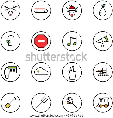 line vector icon set - christmas deer vector, sleigh, hat, pear, pound, no way road sign, music, telescope, presentation, cloud, victory, pool, shovel, farm fork, horse stick toy, train