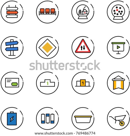 line vector icon set - sign post vector, waiting area, snowball house, road signpost, main, oncoming traffic, presentation board, envelope, pedestal, pennant, battery, basin, wheelbarrow