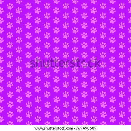 Cute seamless pattern of pink animal paw prints on violet background. Vector illustration, banner, template, wallpaper.