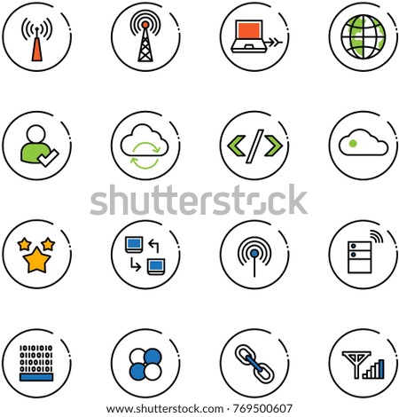 line vector icon set - antenna vector, netabook connect, globe, user check, refresh cloud, tag code, stars, data exchange, server wireless, binary, atom core, link, fine signal