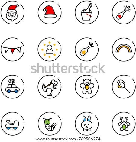 line vector icon set - santa claus vector, christmas hat, champagne, flag garland, star man, fizz opening, rainbow, car toy, dinosaur, bear, horse stick, baby, caterpillar, rabbit