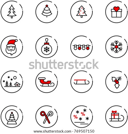 line vector icon set - christmas tree vector, gift, santa claus, ball, garland, snowflake, landscape, sleigh, holly, snowball, stick, sale