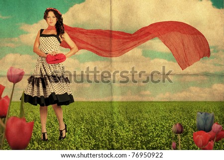 art image, beauty young woman on the meadow with red scarf, vintage collage
