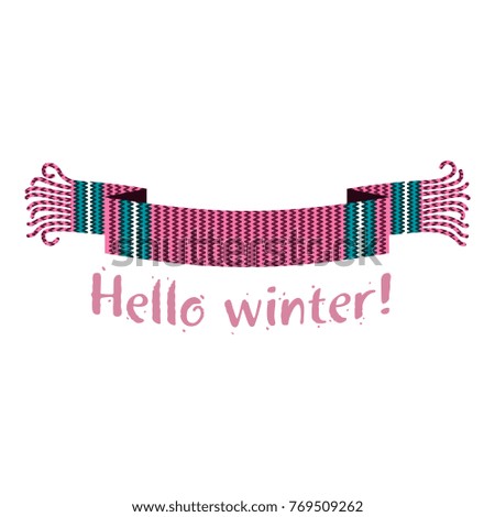 Warm knitted winter scarf with the inscription Hello Winter against the backdrop of snow and spruce forest. Vector flat Illustration. Web banners, advertisements, brochures, business templates. Isolat