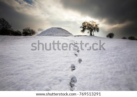 Foot prints leading to Krakus Mound, Krakow - in the snow.