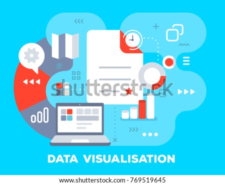 Vector bright business illustration of office supplies: big document, clock, laptop, growth chart and icons. Data visualisation concept on blue background with title. Flat style design for web banner Royalty-Free Stock Photo #769519645