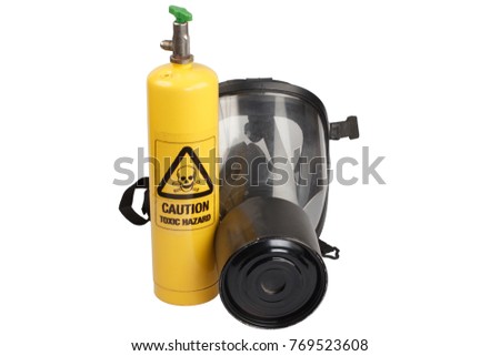 hazardous gas cylinder with black gas mask isolated on white background