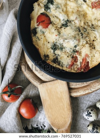 Breakfast flatlay top view omelette picture with food details