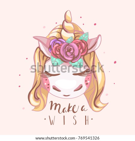Cute unicorn with blond hair and golden horn with beautiful roses flowers closed eyes (dreaming, sleeping) with Make a Wish lettering. Kids, nursery print, poster