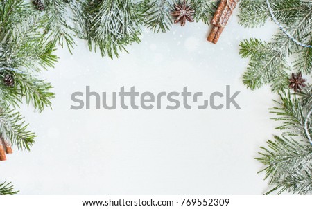 Christmas tree and spices (cinnamon sticks, cardamom) on white wooden background. Winter holidays concept. Flat lay, top view. Xmas Border - horizontal banner. Web size. 
