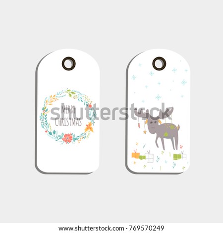 Set of cute Christmas gift tags, cards with lettering Merry Christmas, animals, presets, tree and snowflakes. Easy editable template. Perfect  illustration for postcard, poster, badge, banner.