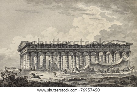 Lateral view of the temple of Segesta, Sicily. By Desprez, Berteaux and De Ghendt, published on Voyage Pittoresque de Naples et de Sicilie,  J. C. R. de Saint Non, Imprimerie de Clousier, Paris, 1786