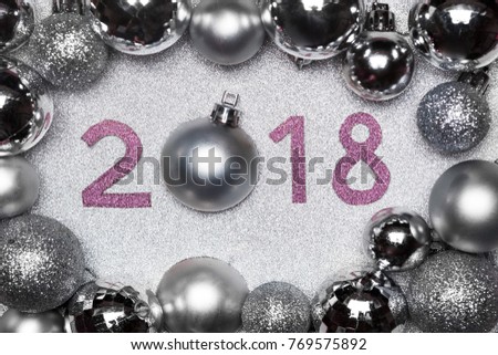 New year flat lay for blogs with balls, stars and 2018 numbers. square pic for blogger