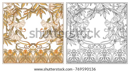 Poster, background with space for text and decorative flowers in art nouveau style. Outline hand drawing coloring page for the adult coloring book with colored sample. Vector illustration.