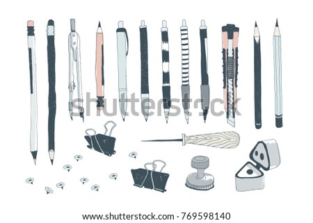 Hand drawn stationery and art supplies. Vector doodle illustration. Set of school accessories and tools. Pen, Pencil, Cutter, Stylu, Push Pin, Sharpener; Binder Paper Clip, Mathematical Compass.