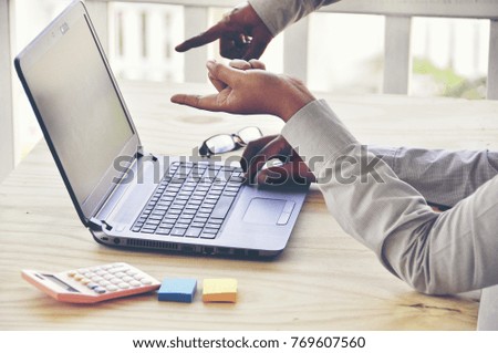  Top view two business  with laptop on wooden background, 2018 goals Concept 