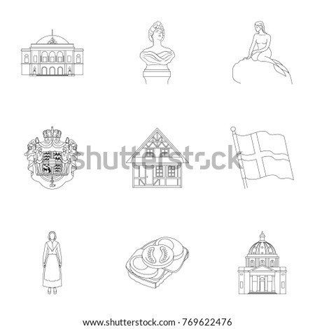 National, symbol, crown, and other web icon in outline style.Denmark, tourism, restaurant icons in set collection.