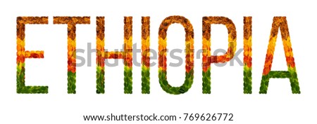 ethiopia. word is written with leaves white isolated background, banner for printing, creative of color leaves ethiopia