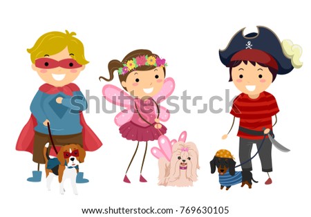 Illustration of Stickman Kids Wearing Halloween Costume with their Pet Dog in Same Costume