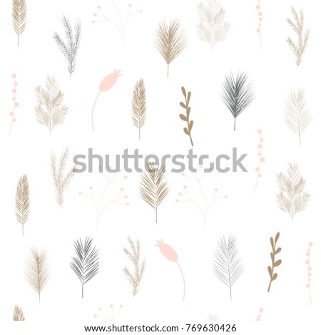 Floral vector seamless pattern with hand drawn pine and fir trees twigs, branches, laurels and berries. Festive winter holidays or christmas background.
