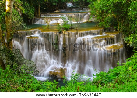 Huai Mae Khamin Waterfall Beautiful in the middle of rainforest Kanjanaburi, Thailand
