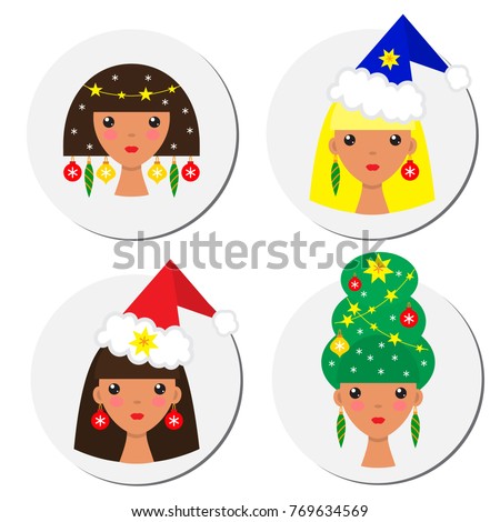 Vector set of cartoon female characters. Female avatars for the new year and christmas. Cute christmas girls flat icons.