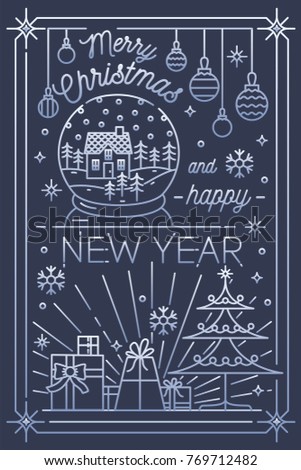 
Merry Christmas and Happy New Year greeting card template. Snow globe with house and spruces inside, holiday decorations and gifts drawn with silver lines on navy background. Vector illustration.
