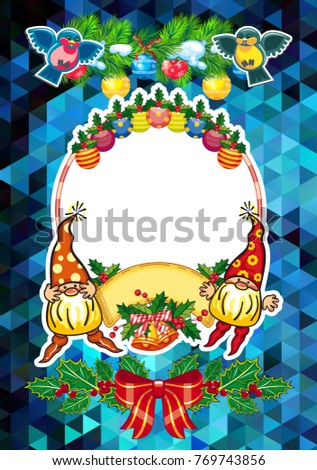 Holiday card with Christmas decorations, funny gnomes and free space for your greeting text. Vector clip art.