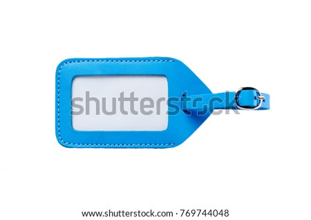 blue leather luggage tag isolated on white background