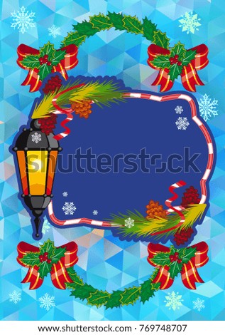Winter holiday card with vintage lanterns. Copy space. Design element for Christmas greeting cards and other graphic designer works. Vector clip art.