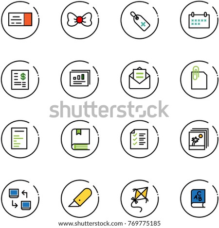 line vector icon set - ticket vector, bow, medical label, schedule, account statement, statistics report, opened mail, attachment, document, book, list, photo, data exchange, work knife, kite, abc