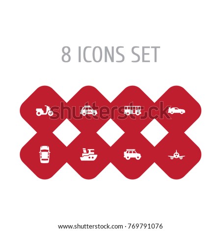 Set Of 8 Transport Icons Set.Collection Of Hatchback, Scooter, Cabriolet And Other Elements.
