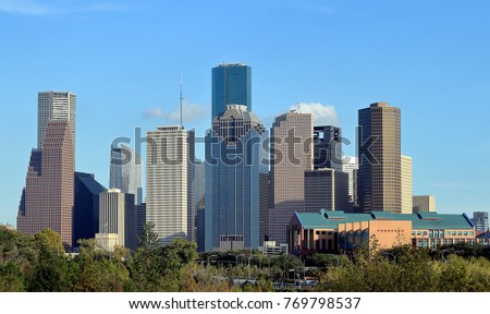 Houston, Texas, USA downtown city skyline from Buffalo Bayou Park