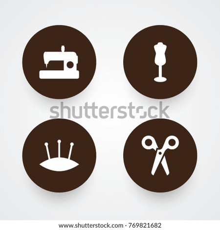 Set Of 4 Stitch Icons Set.Collection Of Machine, Pins, Cutter And Other Elements.