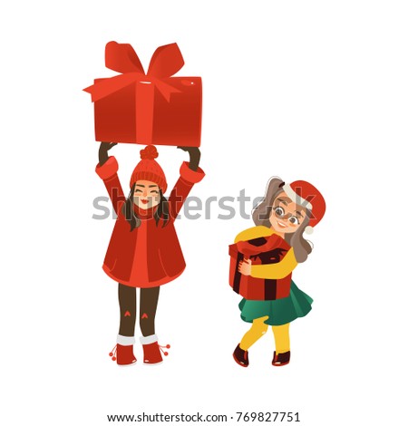 vector cartoon young girls kids in outdoor clothing and christmas hat holding present boxes with red wrapping smiling. Christmas, new year design element. Isolated illustration on a white background.