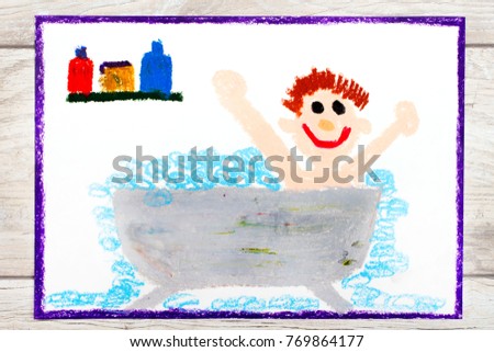 Photo of colorful drawing: boy in the bathtub