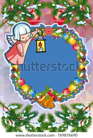 Christmas holiday card with pine branches, sweet little angel and wreath. Copy space. Vector clip art.