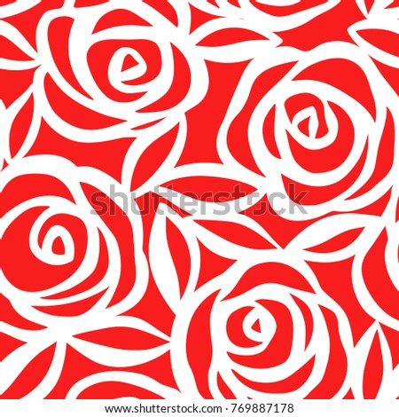 Red seamless pattern of outline roses. Vector hand drawn floral romantic illustration