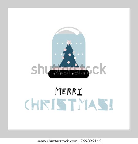 Merry Christmas time cartoon flat illustration design  with  toy of snow globe with Christmas tree isolated on white background. Traditional xmas gift  in flat style. Isolated on white background
