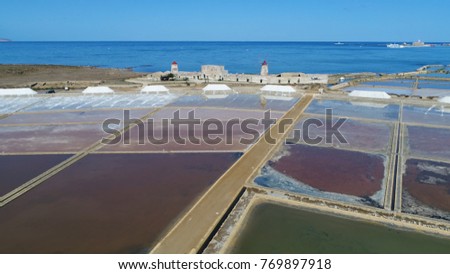 Aerial photo of salt pools of Trapani evocative landscape of saline shallow salt pools and decommissioned mulini windmills salt from these marshes is considered Italy’s finest
