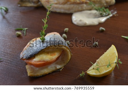 Gourmet Restaurant Food - Delicious Smoked meat, fish and Vegetable Salads. Luxury Appetizer Restaurant Food