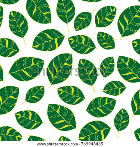 Vector seamless pattern in folk scandinavian style. Green foliage with yellow streaks in chaotic on white backgraund.