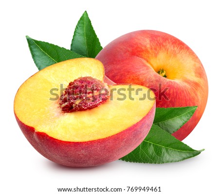 Peach fruit half with leaf isolated on white background Royalty-Free Stock Photo #769949461