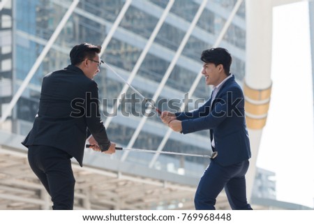 angry and displeased businessman in hand holding golf equipment in the city building office background